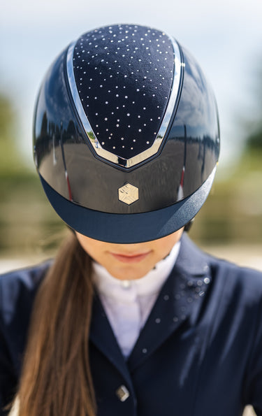 Buy Charles Owen EQX Kylo Navy Gloss & Silver Crystal Adjustable Riding Hat| Online for Equine