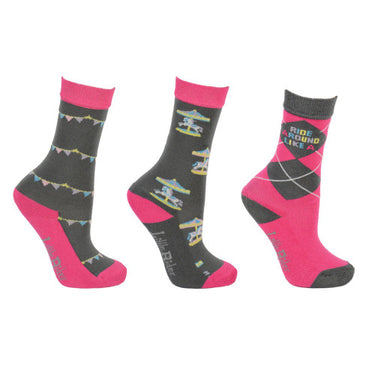 Merry Go Round Childs Socks by Little Rider (Pack of 3)-One Size (8-12)-Grey/Pink