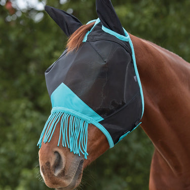 Buy the WeatherBeeta Black/Turquoise ComFiTec Deluxe Durable Fine Mesh Mask With Ears & Tassels | Online for Equine