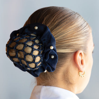 Equetech Navy Satin Pearl Hair Scrunchie