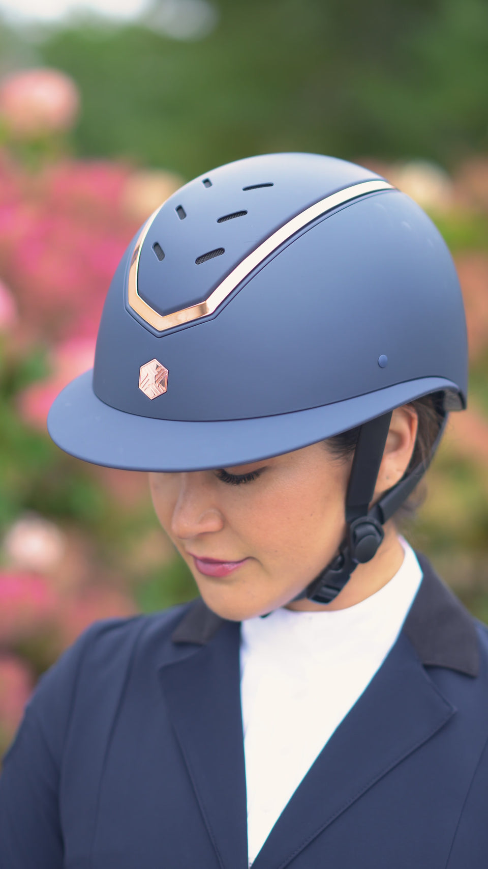 Buy Charles Owen EQX Kylo Navy Matte & Rose Gold Wide Peak Adjustable Riding Hat| Online for Equine